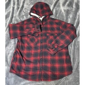 Boston Traders Shacket Mens Large Red Plaid Sherpa Lined Hooded Flannel‎ Jacket